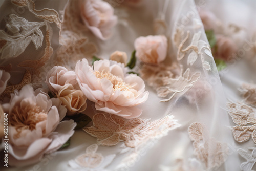Close up of peonies on elegant flower embroidery on wedding dress. 