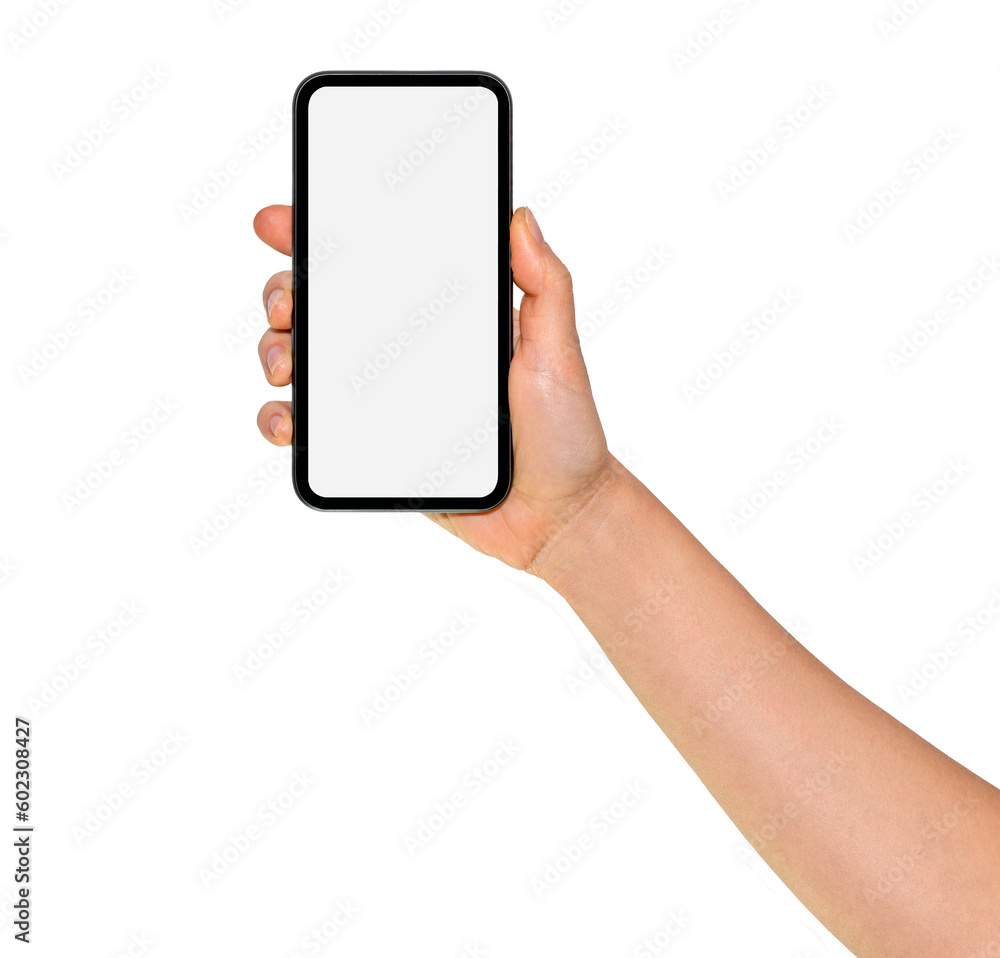 Isolated touch screen phone with blank screen in female hand. Isolated touch screen phone with blank screen in female hand.
