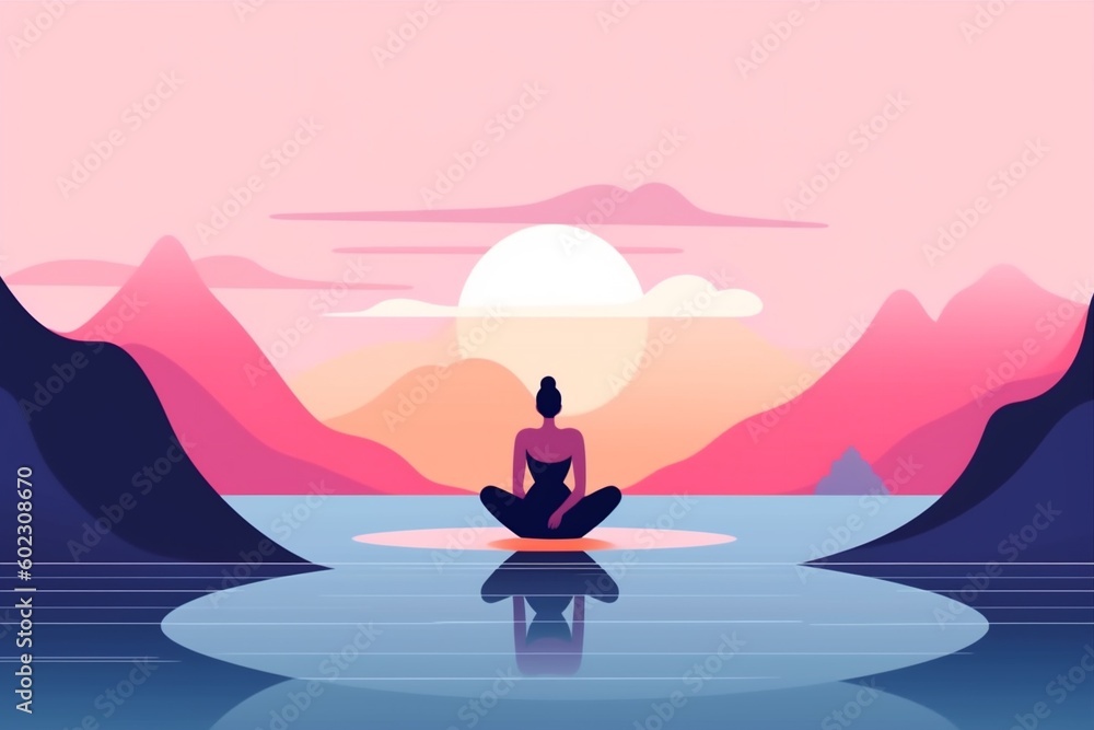 woman exercise relaxation sea back silhouette lotus yoga meditation ocean person. Generative AI.