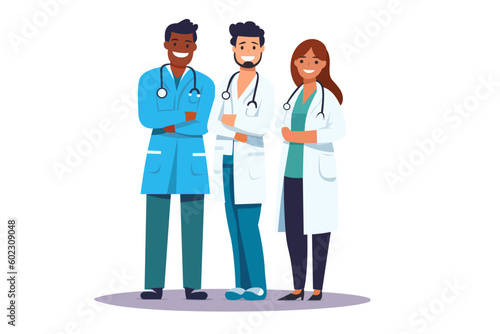 Doctors. Doctor vector illustration. Postcard in flat design. Three positive doctors