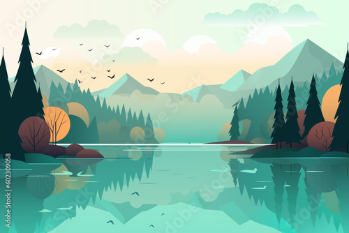 Beautiful landscape vector illustration. Stunning landscape of a mountain lake at dawn. Beautiful landscape for printing.