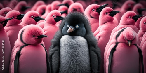 Difference concept showing by extraordinary penguin standing out of the crowd. superlative generative AI image.