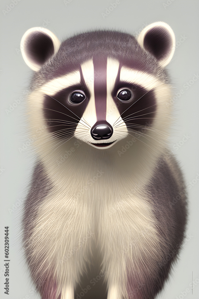A close up picture of a small white and gray raccoon on a white background, generative ai