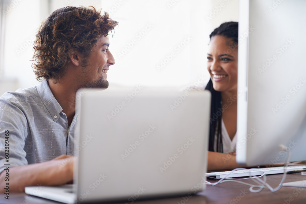 Funny, computer or happy people chat on break talking, chatting or speaking of gossip news together. Laptop, laughing or relaxed employees in conversation or discussion about a blog article at desk Funny, computer or happy people chat on break talking, chatting or speaking of gossip news together. Laptop, laughing or relaxed employees in conversation or discussion about a blog article at desk