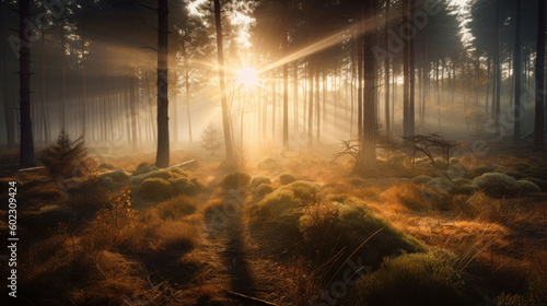 Foggy morning in a pine forest. Autumn landscape at dawn. Photorealistic illustration generative AI.