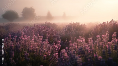 Lavender fields at dawn. Foggy landscape in Provence. Photorealistic illustration generative AI.