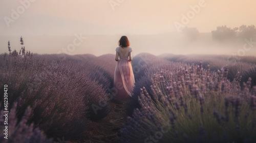 A young woman in a purple dress walks at dawn in a lavender field. Foggy landscape in Provence. Photorealistic illustration generative AI.