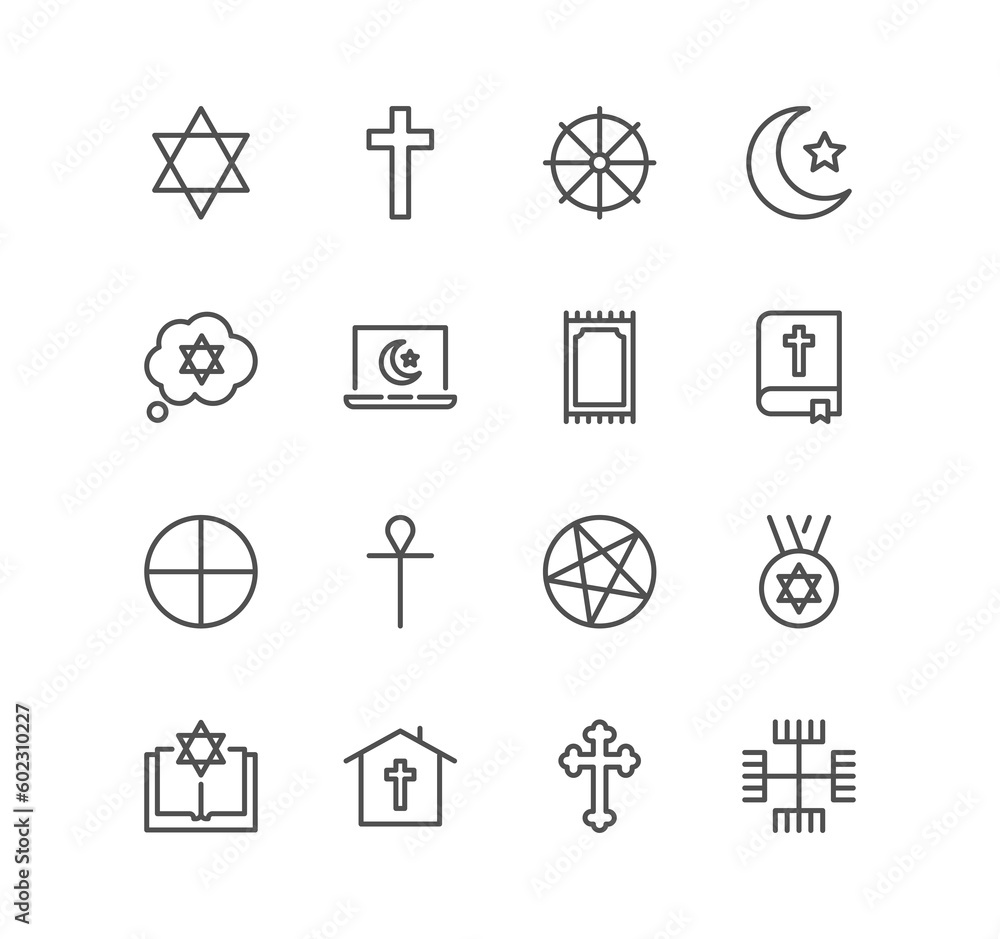 Φωτογραφία Set of religion symbols related icons, prayer, temples, divine book, church, star, ritual and linear variety symbols