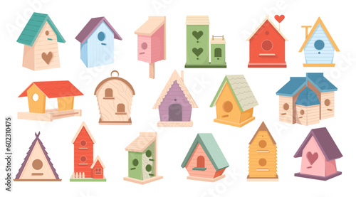 Set of wooden birdhouses, colorful bird feeders in different designs. Birdhouses, house or nest with round, arched or heart holes Sweet Homes. Cartoon vector stock illustration.