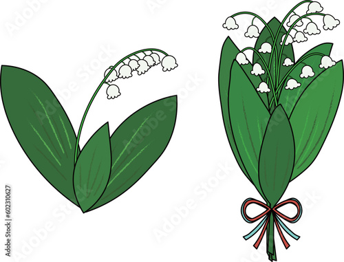 シンプルなスズランと花束のイラストセット（主線あり）