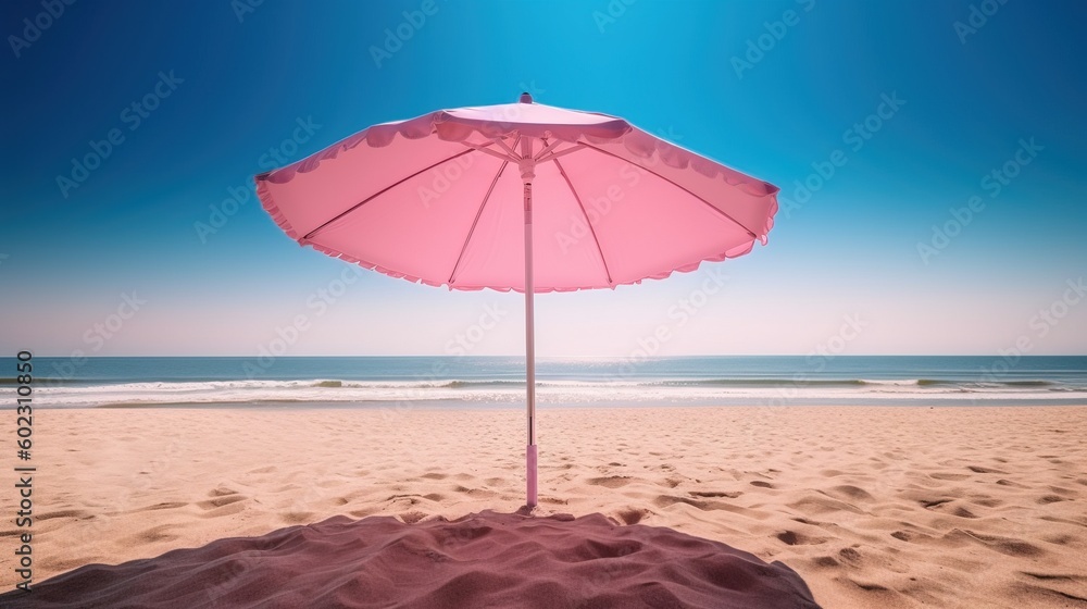 Pink beach umbrella in a sandy beach environment with a clear blue sky.