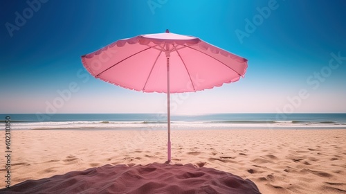 Pink beach umbrella in a sandy beach environment with a clear blue sky. © 22Imagesstudio