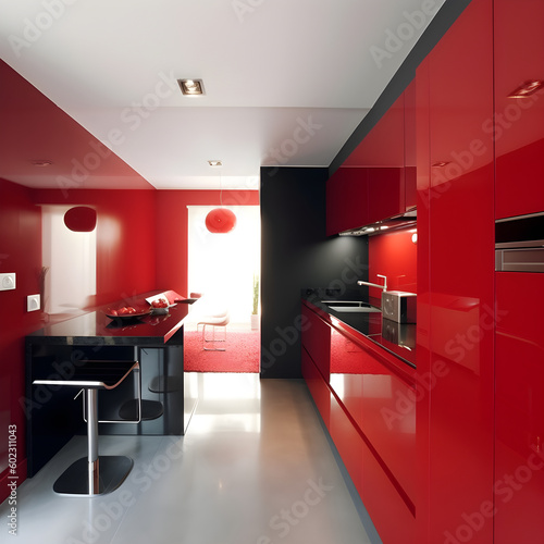 Red kitchen  modern and minimalist interior design