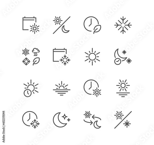 Set of four seasons and day parts related icons, day night switch, night time, sunset time, all seasons and linear variety symbols.	