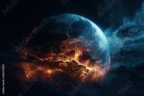 Apocalypse, fire and melting of planet earth. Global warming of the weather climate. A common problem. Save and protect planet earth, importance and necessity, ecology. Generative AI