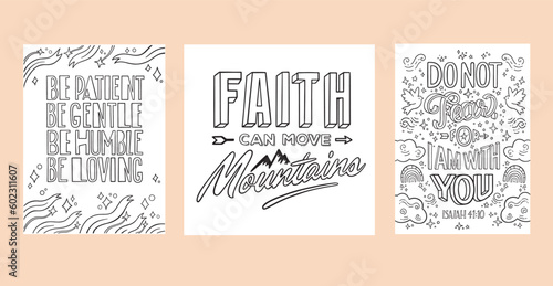 Set of Christian religious coloring pages for children and adults. Bible verses.Emotional support during crisis times. Printable lettering illustration, modern typography. Adult coloring, hobby