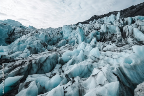 Rough icy surface of a glacier. Generative AI