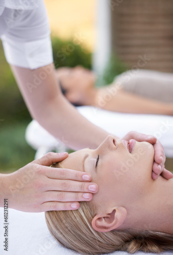 Relax, facial massage and acupressure, women at spa for health, wellness and luxury skincare treatment. Beauty salon, professional skin care therapist and healthy face of woman with cosmetic therapy.