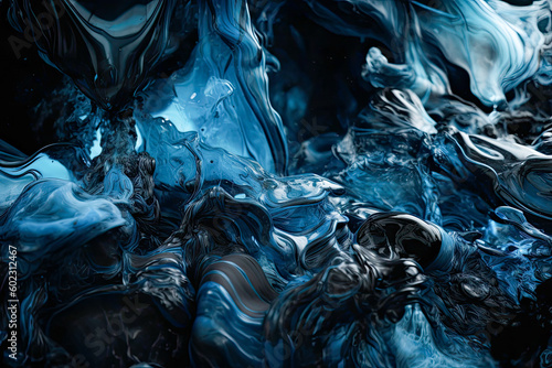 Fluid, glass-like sculptures gray and blue with organic nature-inspired forms, reef wave, alien planet like. Generative AI