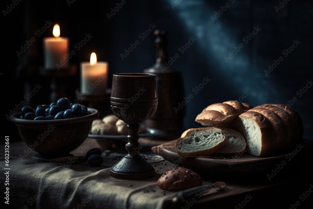 Religious Feast of Corpus Christi. Holy communion in church. Taking holy . Priest celebrate mass at the church. Cup with red wine, bread. Eucharist. Christian Catholic prays, holy grail. Generative AI