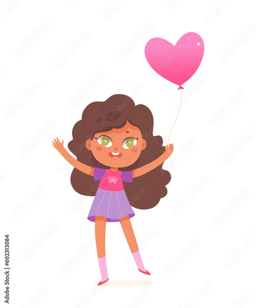Cute kid holding bright pink balloon of heart shape, happy girl in summer dress standing Cute kid holding bright pink balloon of heart shape, happy girl in summer dress standing