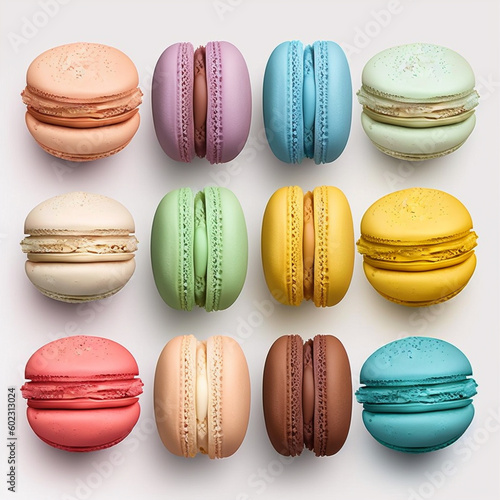 Cakes macaron or macaroon on light background, colorful vibrant almond cookies, brightl colors.