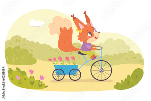 Cute squirrel riding bike with spring flowers in park vector illustration. Cartoon baby animal cyclist with fur tail carrying tulips on retro bicycle with wheels, fun ride and travel of wild nature