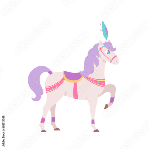 Circus horse performer with saddle, decorative feather on head performing carnival show