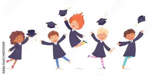 Happy kids graduates jumping set, cute children holding diploma and mortarboard caps