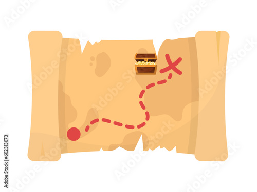 Ancient parchment treasure map, unfolded papyrus scroll with line path to chest of gold