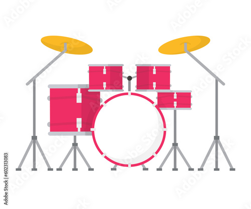 Drum kit  vintage red drums and gold cymbals on stand to play music rhythm with sticks