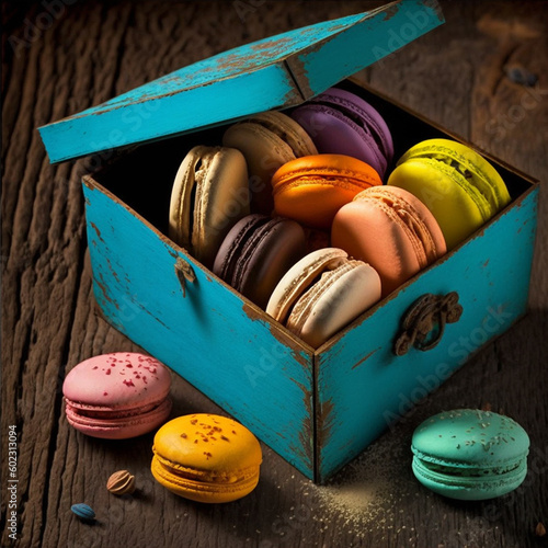 Cakes macaron or macaroon in wooden vintage box on rustic table, colorful bright cookies.