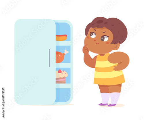 Overweight child thinking about food near open refrigerator door, funny hungry girl