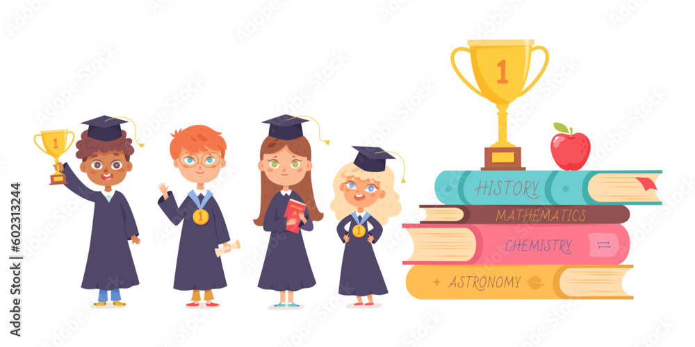 Children graduates standing near books stack, education and knowledge success symbols