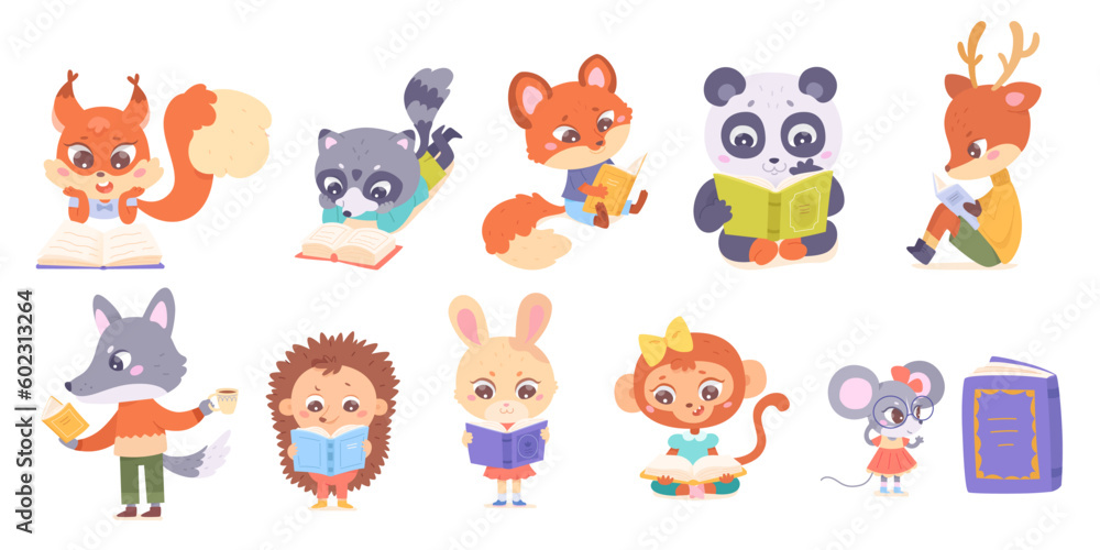 Cute animals read books set, funny smart characters holding open books and coffee cup Cute animals read books set, funny smart characters holding open books and coffee cup