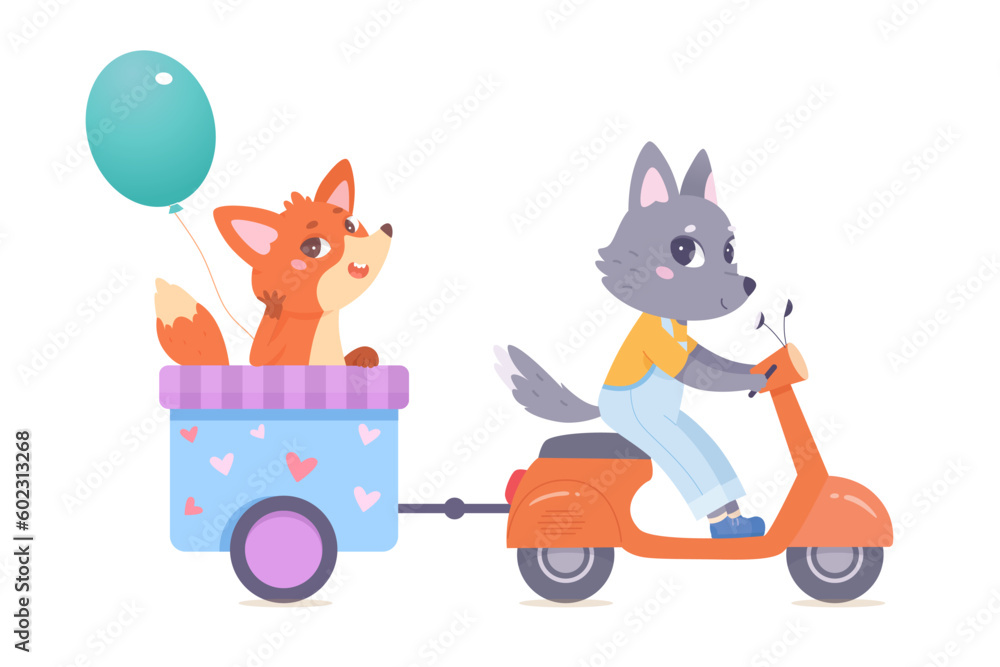 Fototapeta premium Fun ride of cute animals friends, funny wolf riding motor scooter, carrying fox in cart