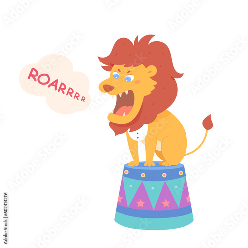 Circus lion on podium, angry roaring lion sitting in arena, wild animal with open mouth