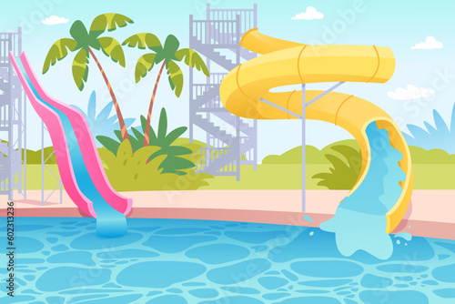 Water amusement park landscape with waterslides, red and yellow beach pool pipe tunnels