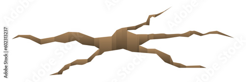 3D crack in ground vector illustration. Earth hole and slit on white surface of damaged land, abstract fracture of earthquake or environment disaster, crack fissure with perspective