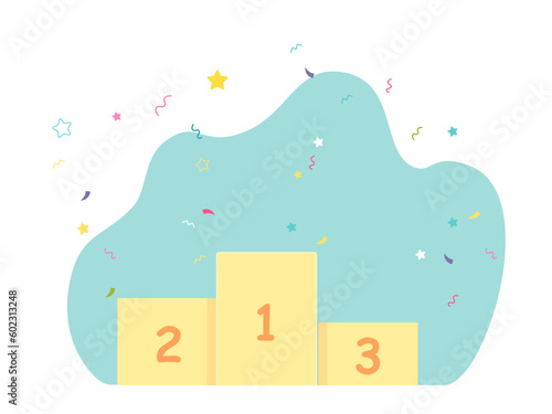 Winners podium with 1, 2 and 3 numbers on stands and confetti, pedestal with places