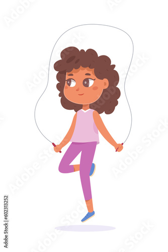 Child jumping rope vector illustration. Cartoon isolated active girl skipping in gym and playing, little kid training body with high jumps, healthy sport activity and skip exercises of young character