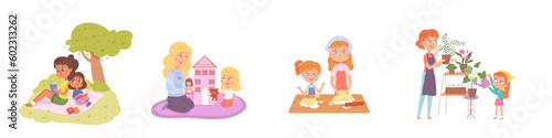 Mother and daughter spend time set, scenes of fun family activity of happy kid and mom