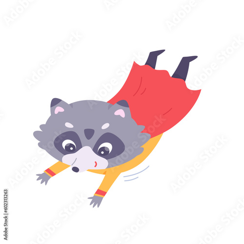 Cute raccoon superhero, brave and strong animal superman flying to defend and fight