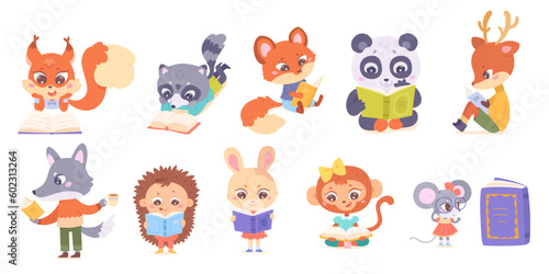 Cute animals read books set, funny smart characters holding open books and coffee cup