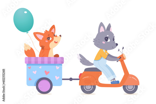 Fun ride of cute animals friends  funny wolf riding motor scooter  carrying fox in cart