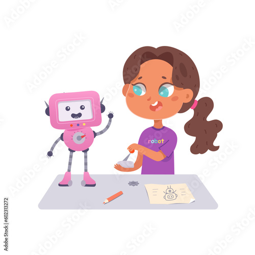 Cute girl working with toy robot, little student holding control tool, training robot