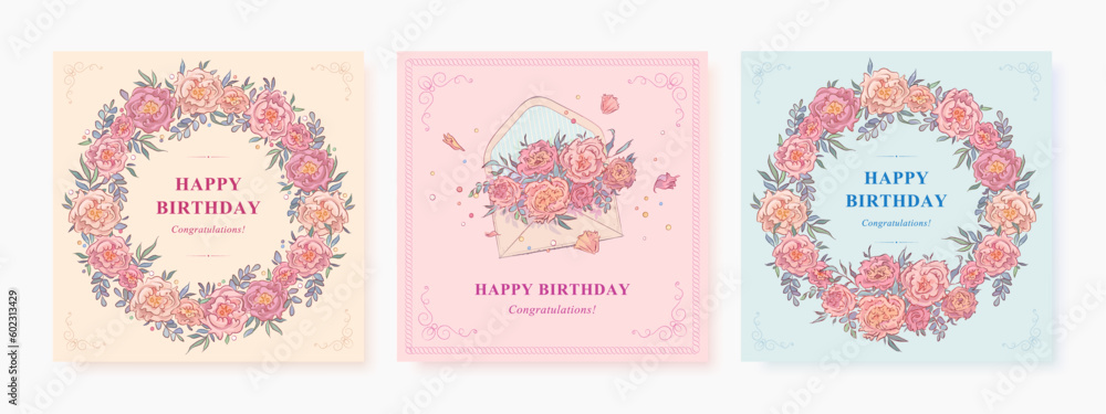 Happy birthday greeting square background with hand drawn wreath, envelope and flowers. Vector illustration for poster, card, promotional materials, website