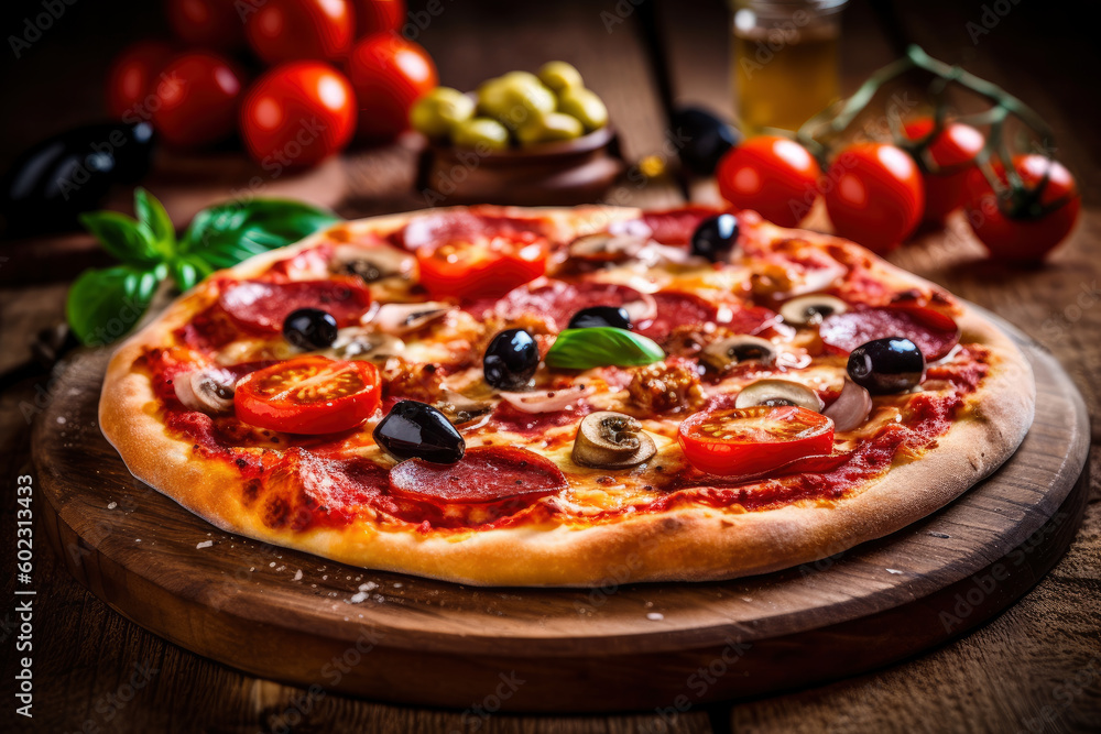 Hot tasty traditional pepperoni italian pizza with salami, olives, cheese, tomatoes and mushrooms on wooden table decorated with vegetables and spices, AI Generated