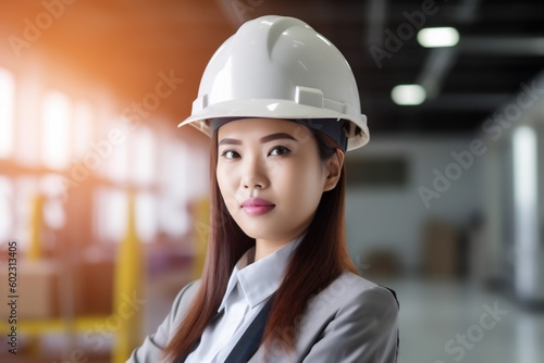 helmet woman engineer factory smile industrial business asian industry portrait job. Generative AI.