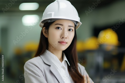 woman portrait business job asian occupation industry smile helmet engineer industrial. Generative AI.